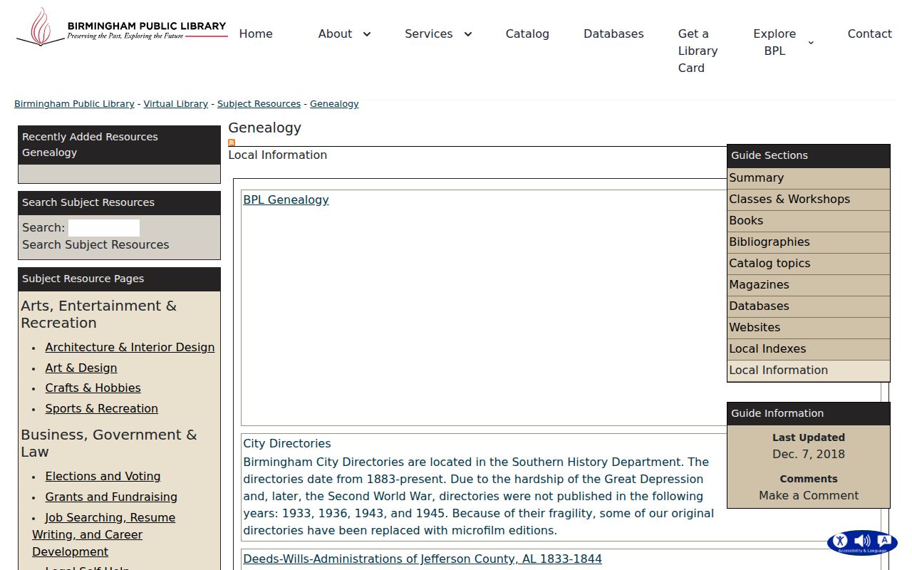 Birmingham Public Library genealogy page for city directory holdings used in Vestavia Hills research