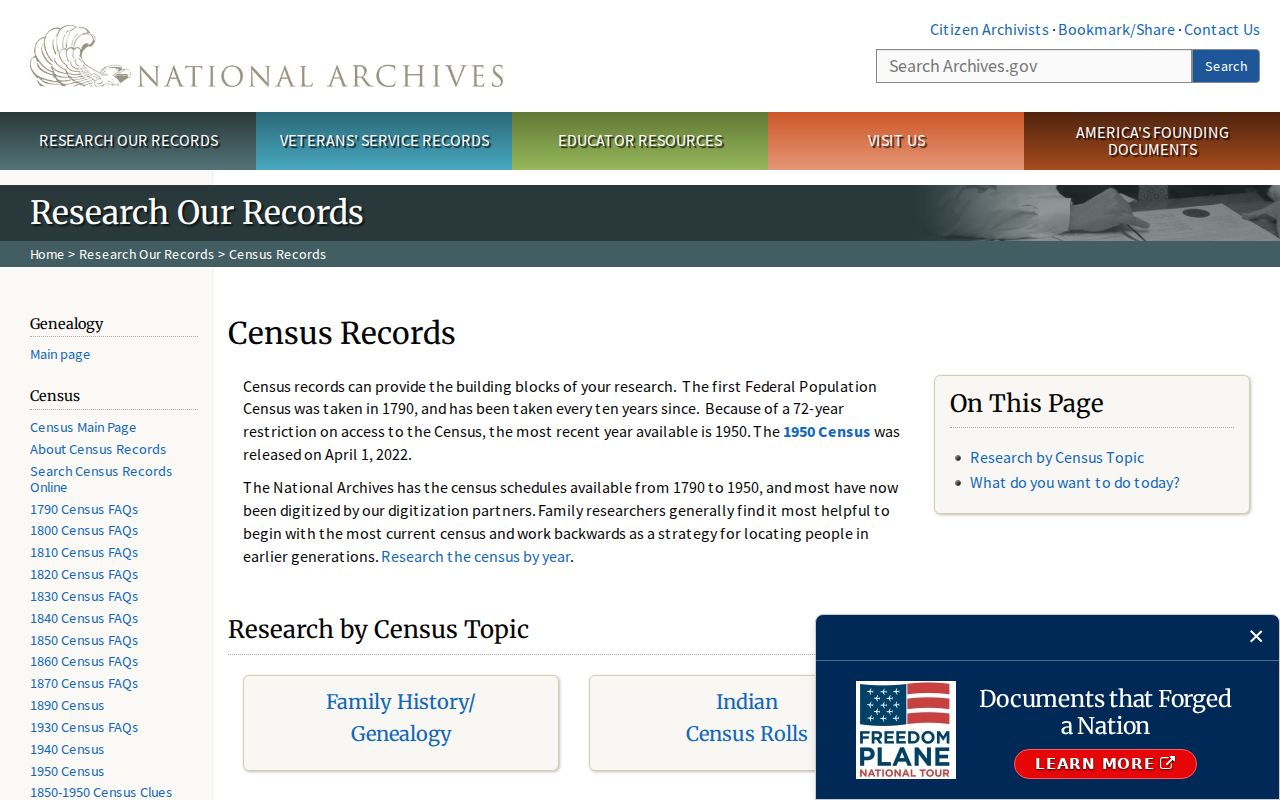 National Archives census research page used with Vestavia Hills ZIP geography